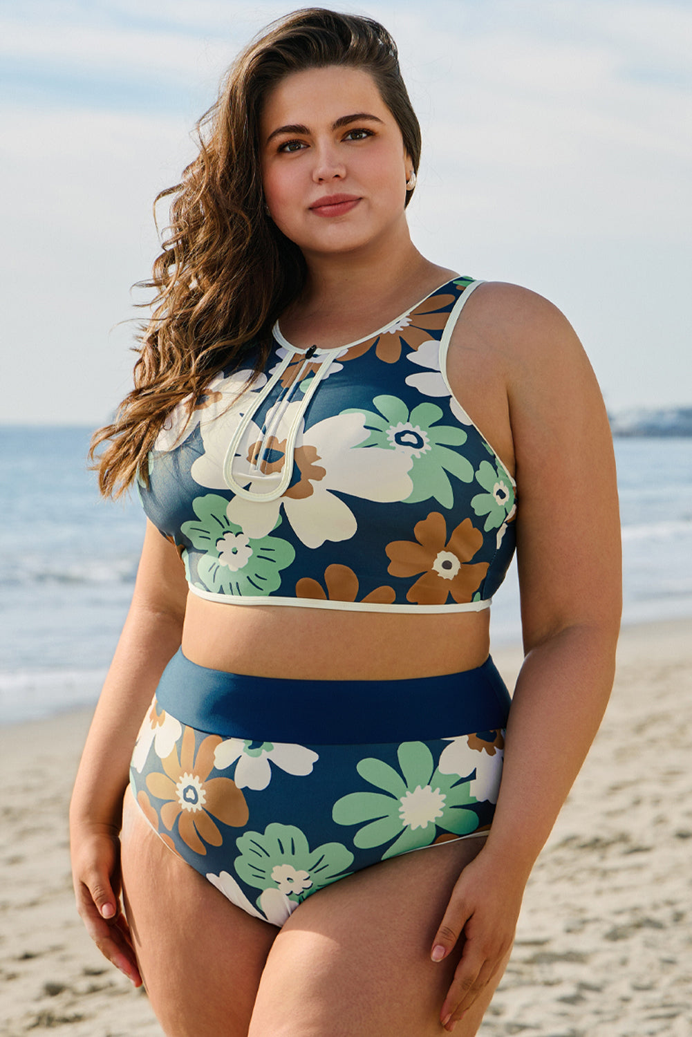 Green Floral Print Zipped Plus Size Two Pieces Bikini