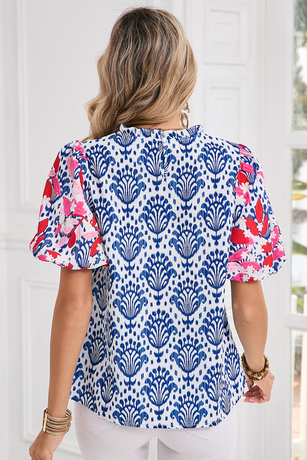 Whimsical Blue Floral Puff Sleeve Blouse with Frill Neck Detail