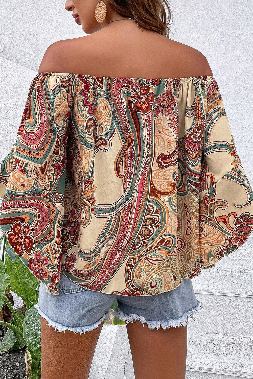 Elegant Apricot Paisley Off-Shoulder Ruffled Half Sleeve Blouse