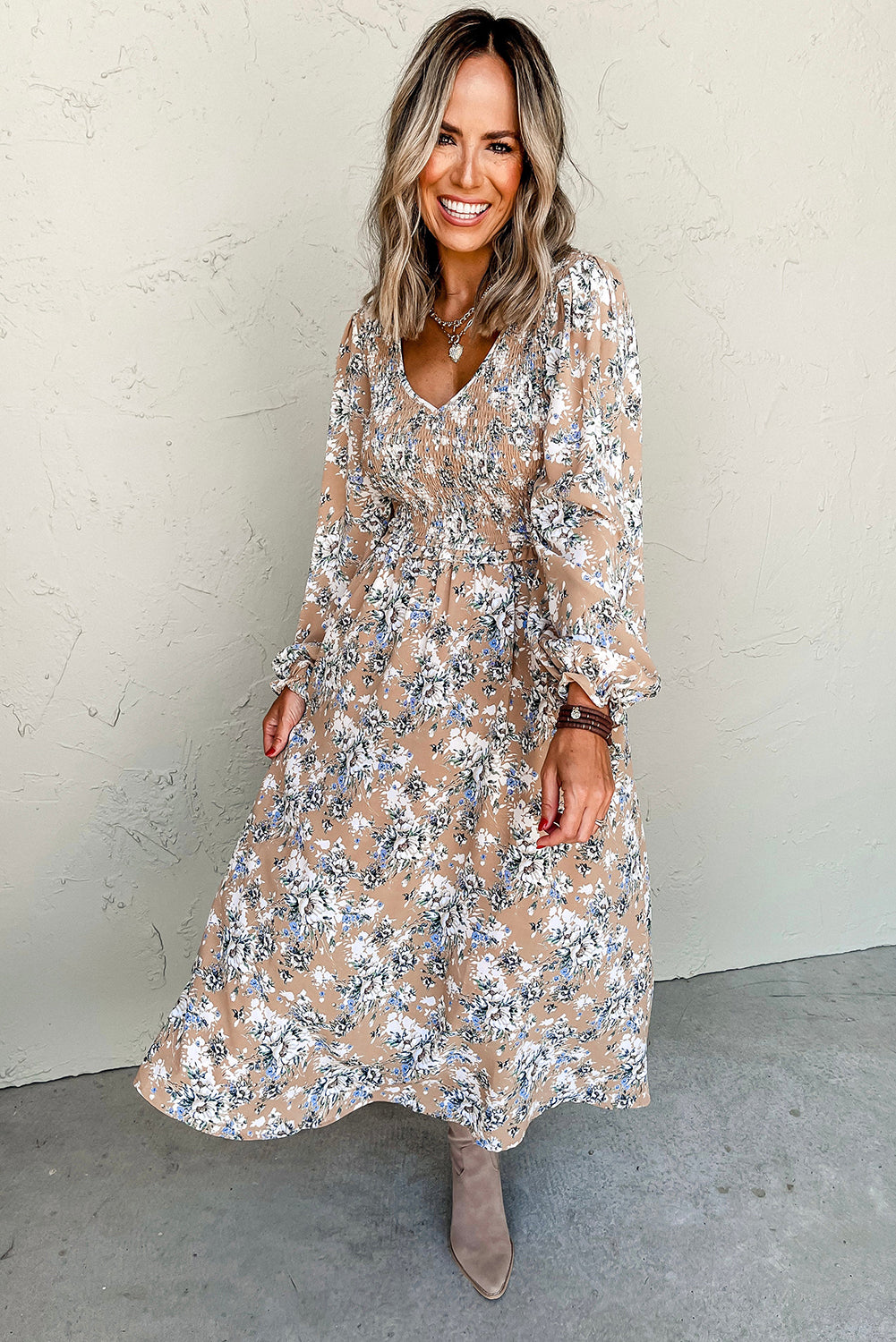 Khaki Floral Puff Sleeve Maxi Dress with Smocked Details