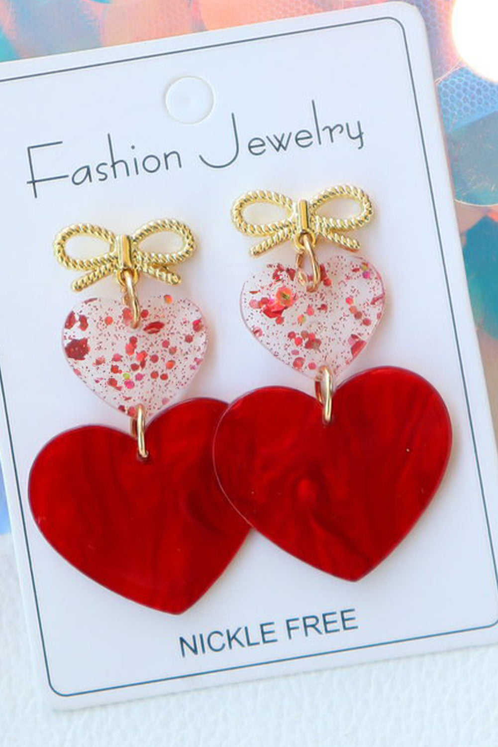 Fiery Red Heart Bowknot Valentines Earrings for Lovers