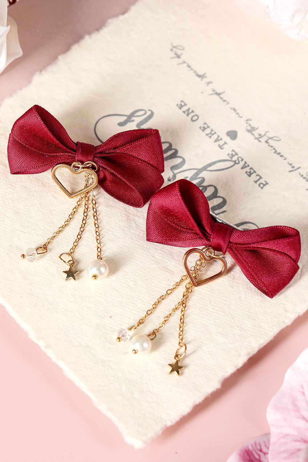 Pink Cute Heart Beaded Charm Bow Hair Clip for Girls