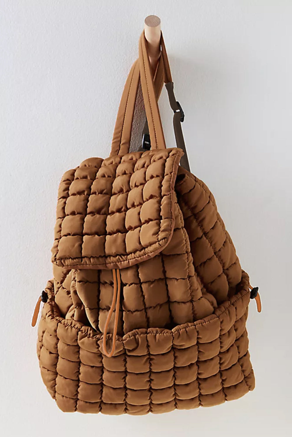 Coffee Solid Flapped Quilted Puffer Backpack