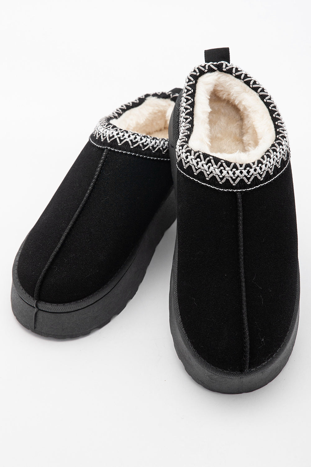 Black Suede Contrast Print Round Toe Slippers