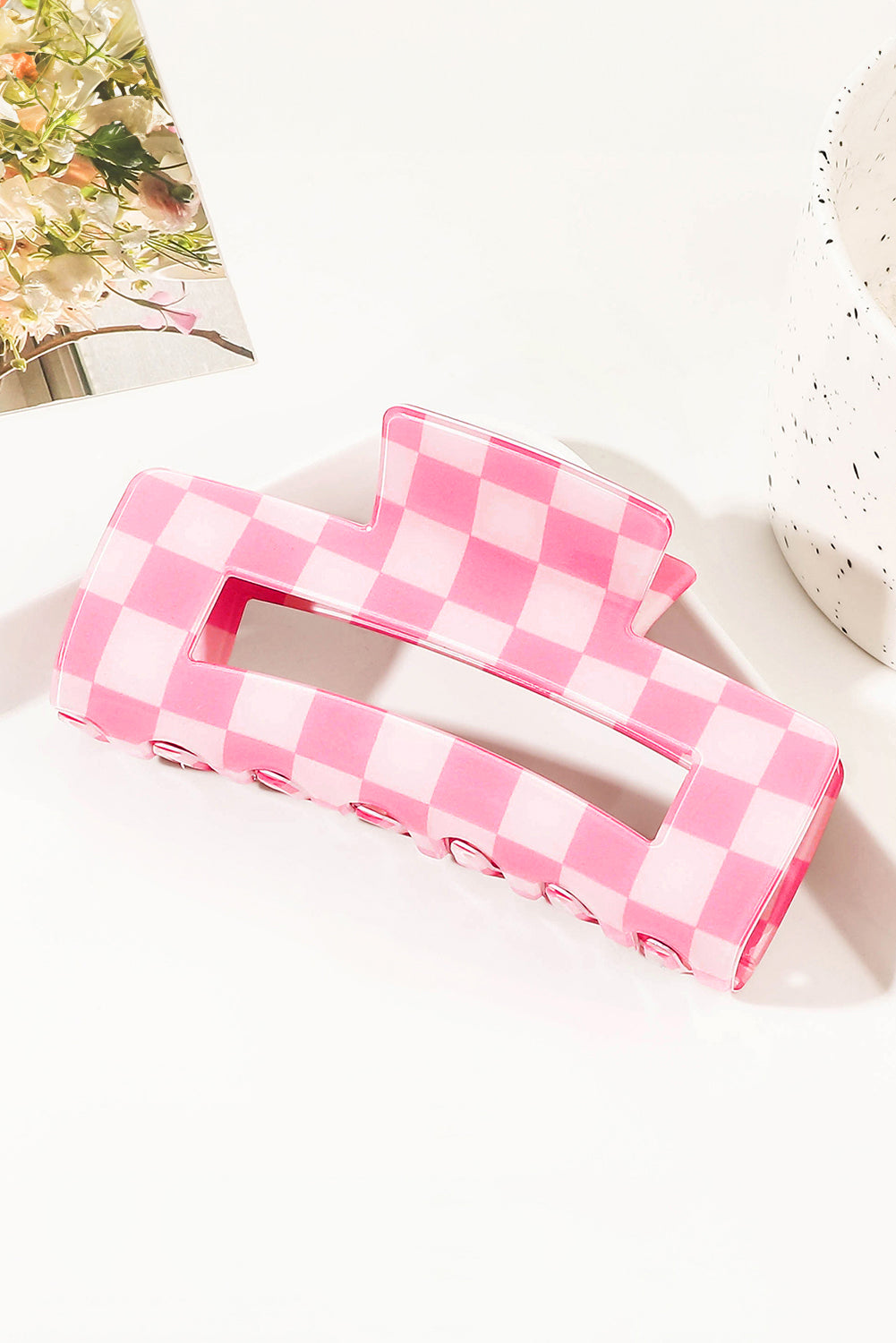 Light Green Checkered Print Hollow Out Hair Clip for Style