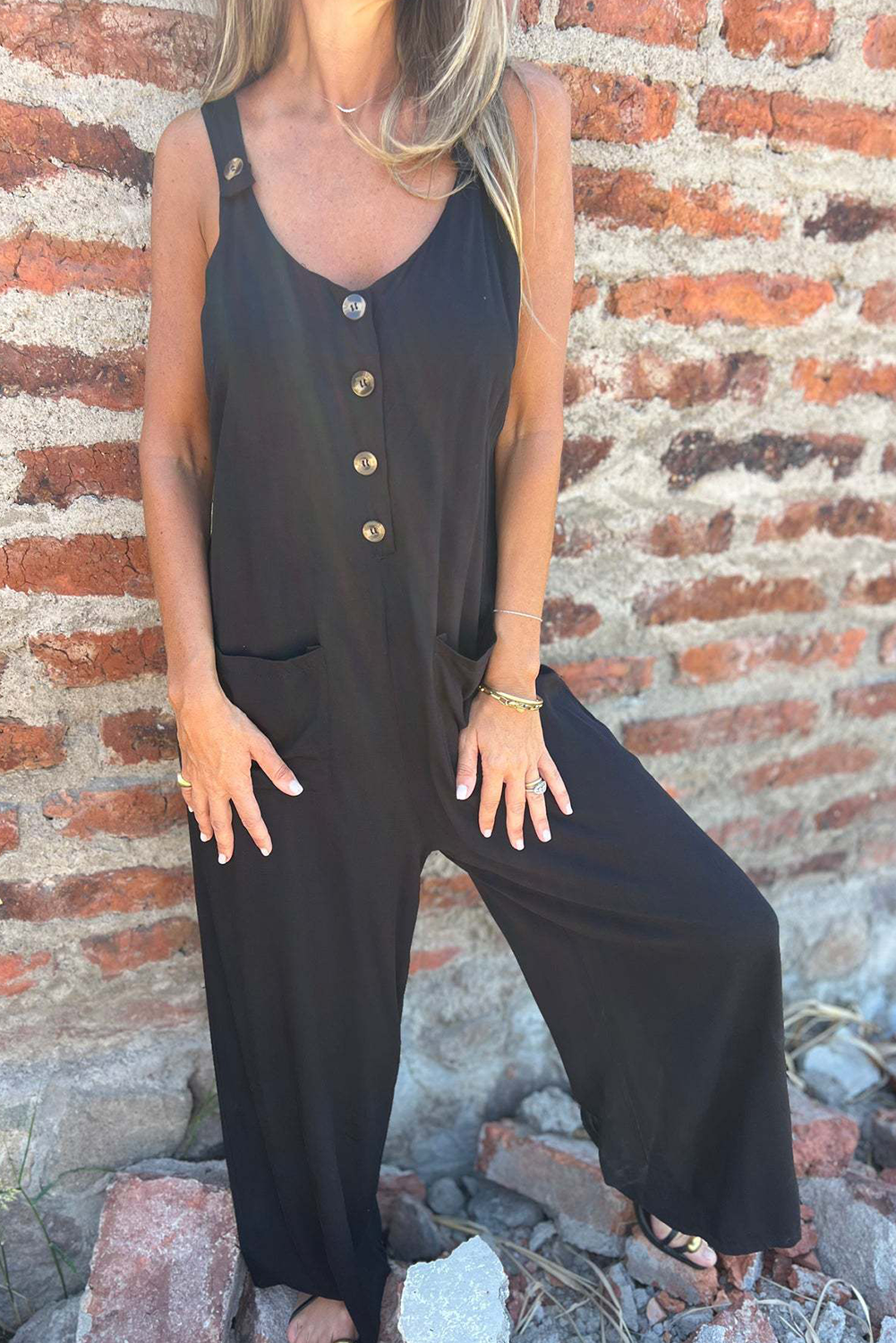 Black Button Pockets Open Back Loose Strappy Jumpsuit