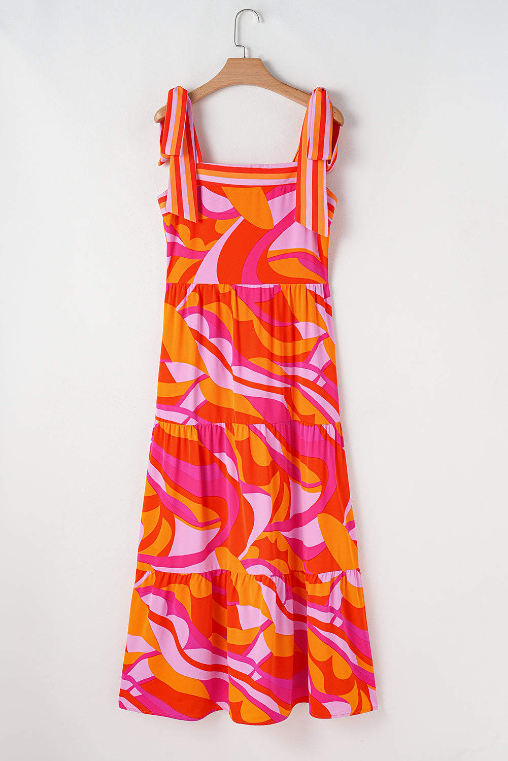 Crimson Artistic Print Knotted Shoulder High-Waisted Maxi Dress