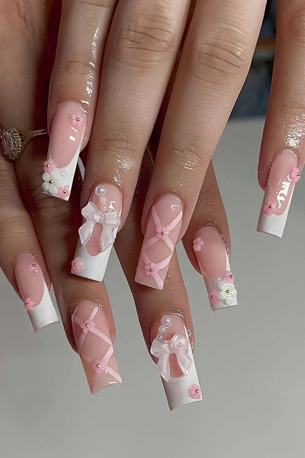 Pink 3D Bow and Flower Long Nail Stickers for Elegant Nails