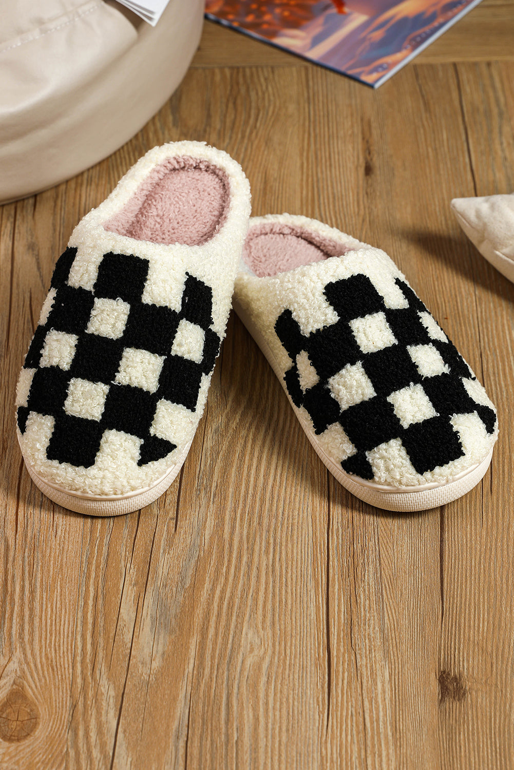 Fiery Red Checkered Print Fuzzy Slip On Winter Slippers