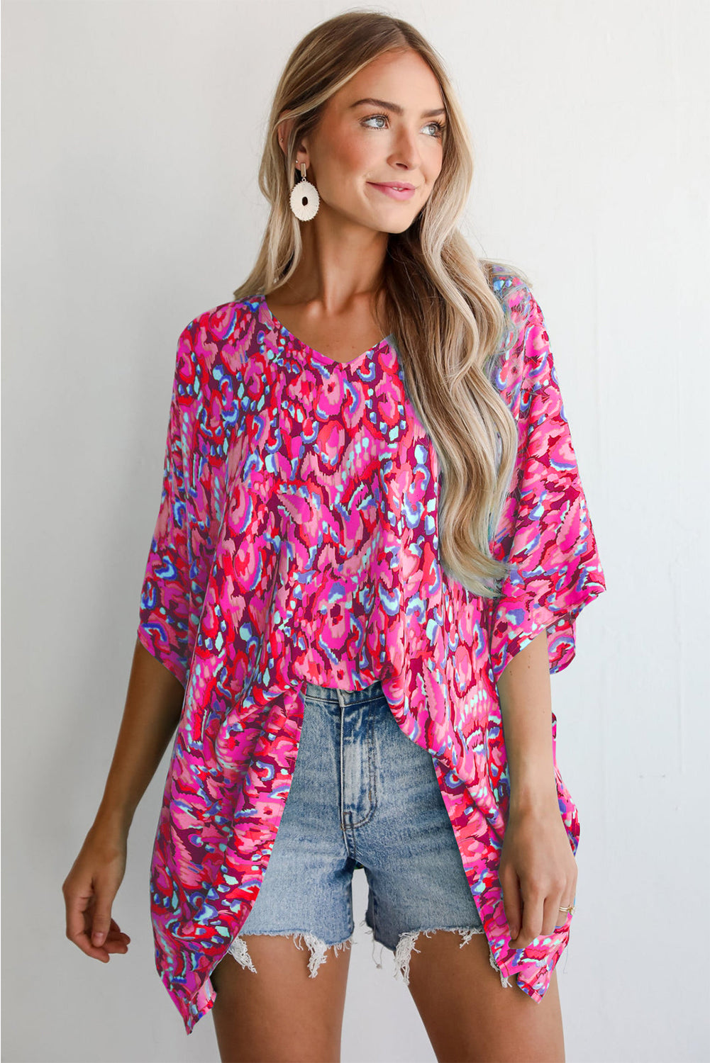 Pink Abstract Print V-Neck Half Sleeve Relaxed Fit Tunic Top