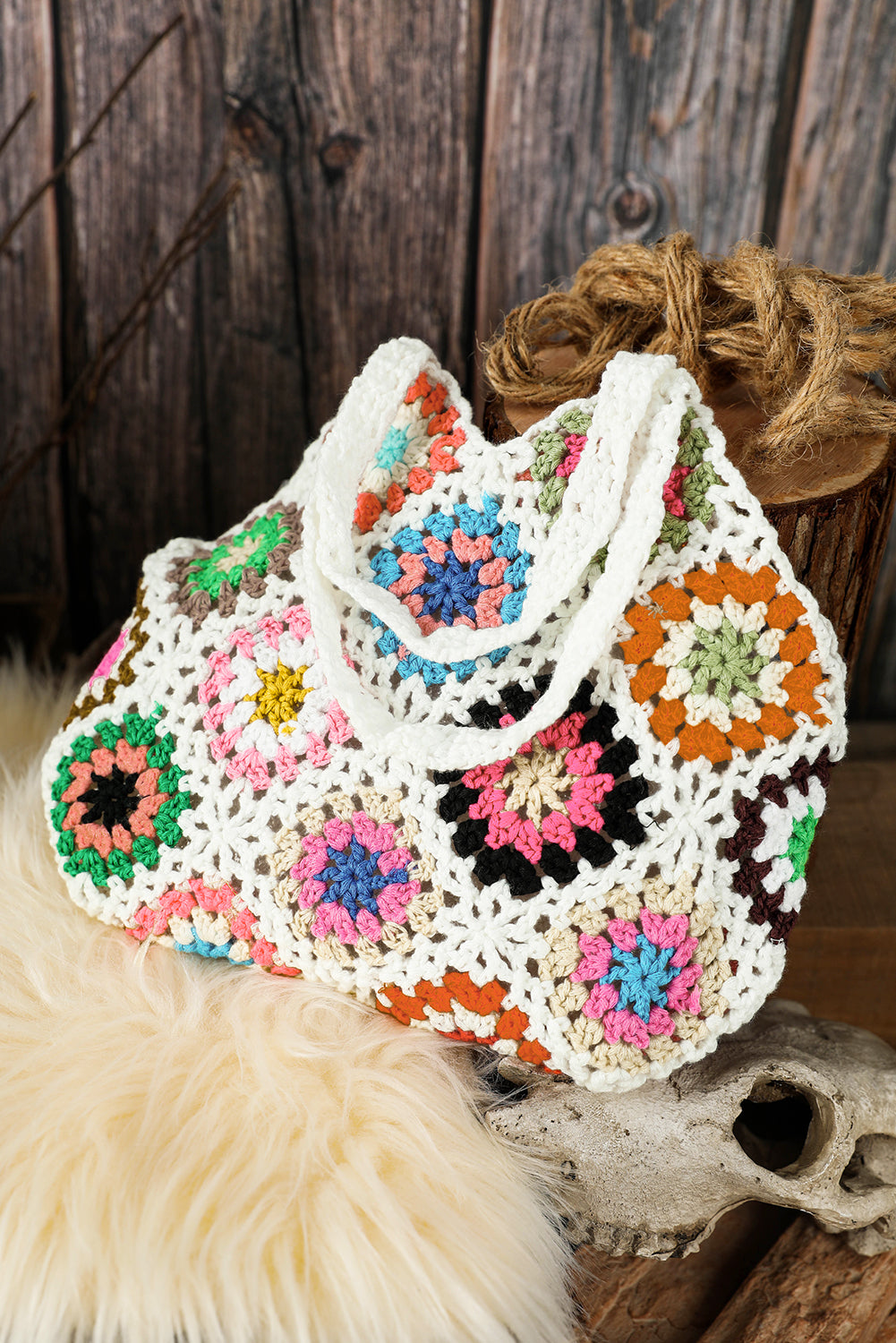 Sac fourre-tout blanc rétro au crochet floral blanc