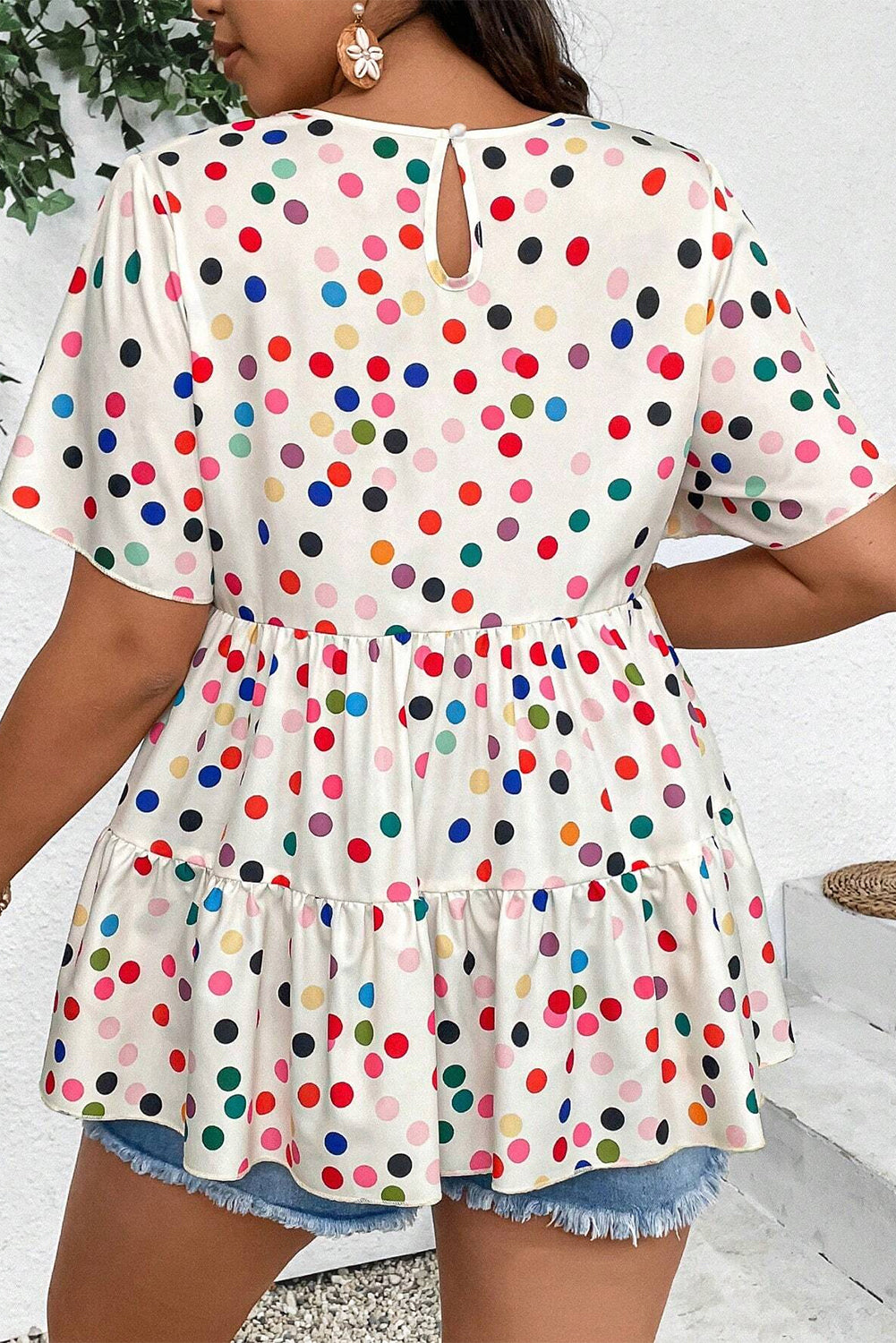 Beige Colorful Polka Dot Print Ruffle Plus Size Babydoll Blouse