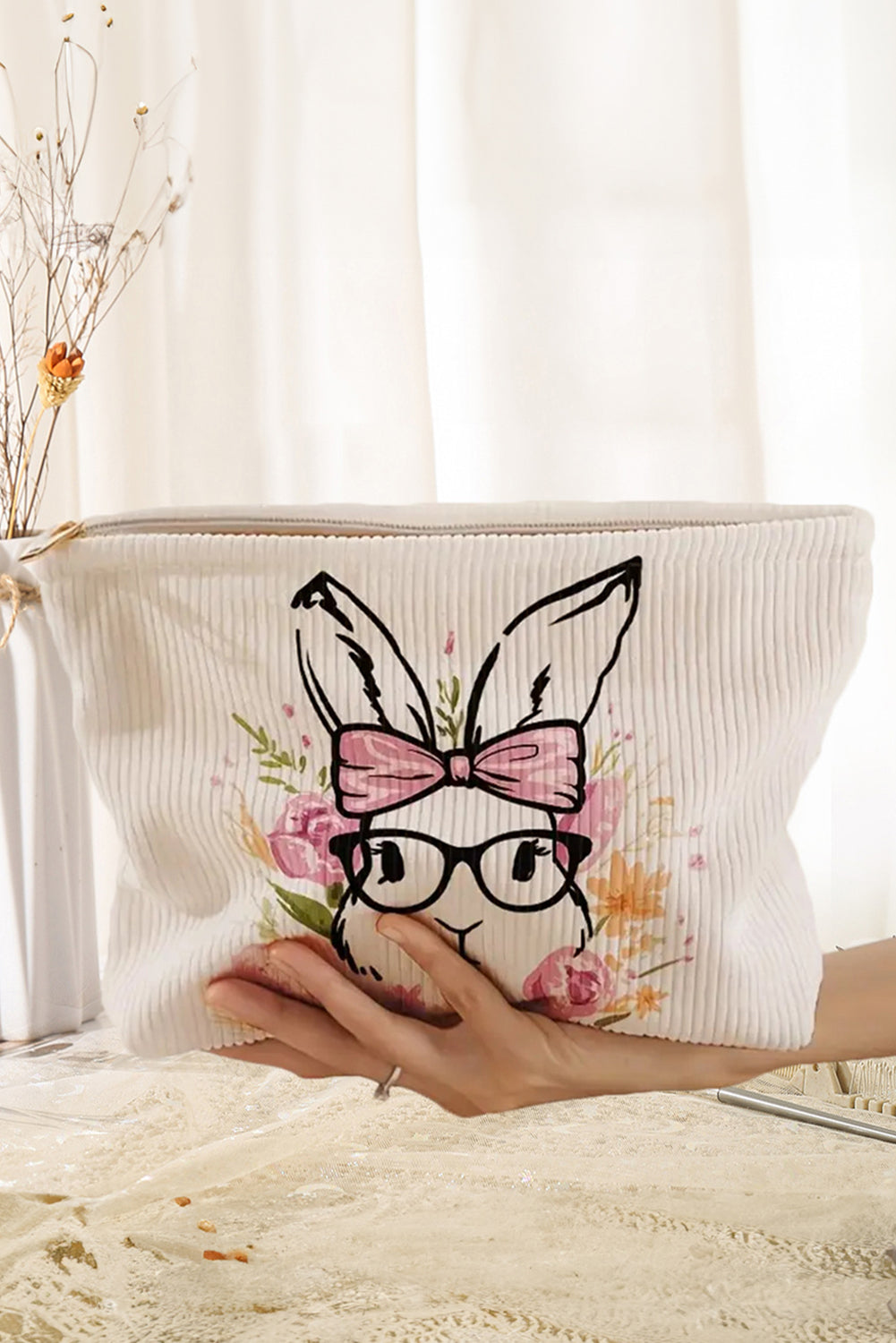 White Easter Bunny Graphic Corduroy Makeup Bag