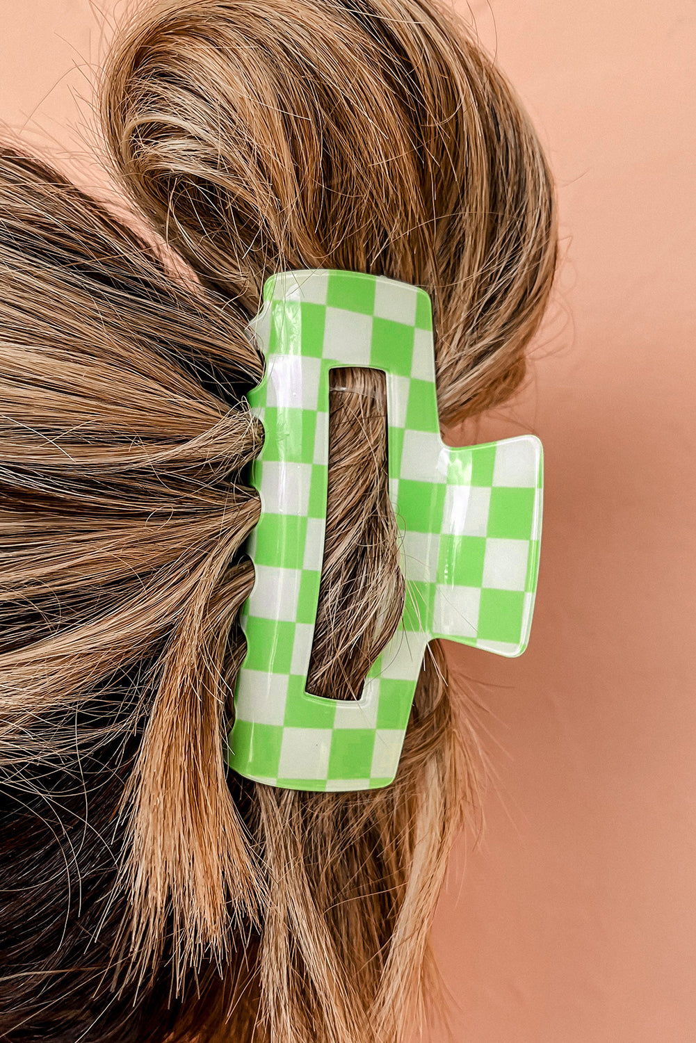 Light Green Checkered Print Hollow Out Hair Clip for Style