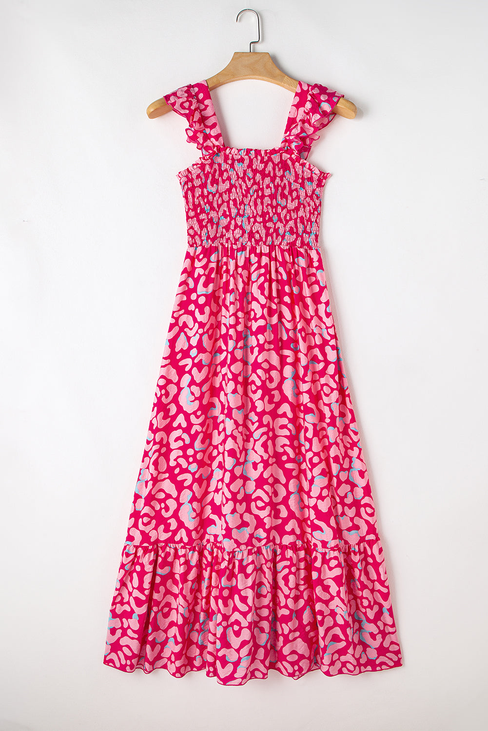 Flirty Pink Maxikleid mit Leopardenmuster, Rüschenträgern und hoher Taille