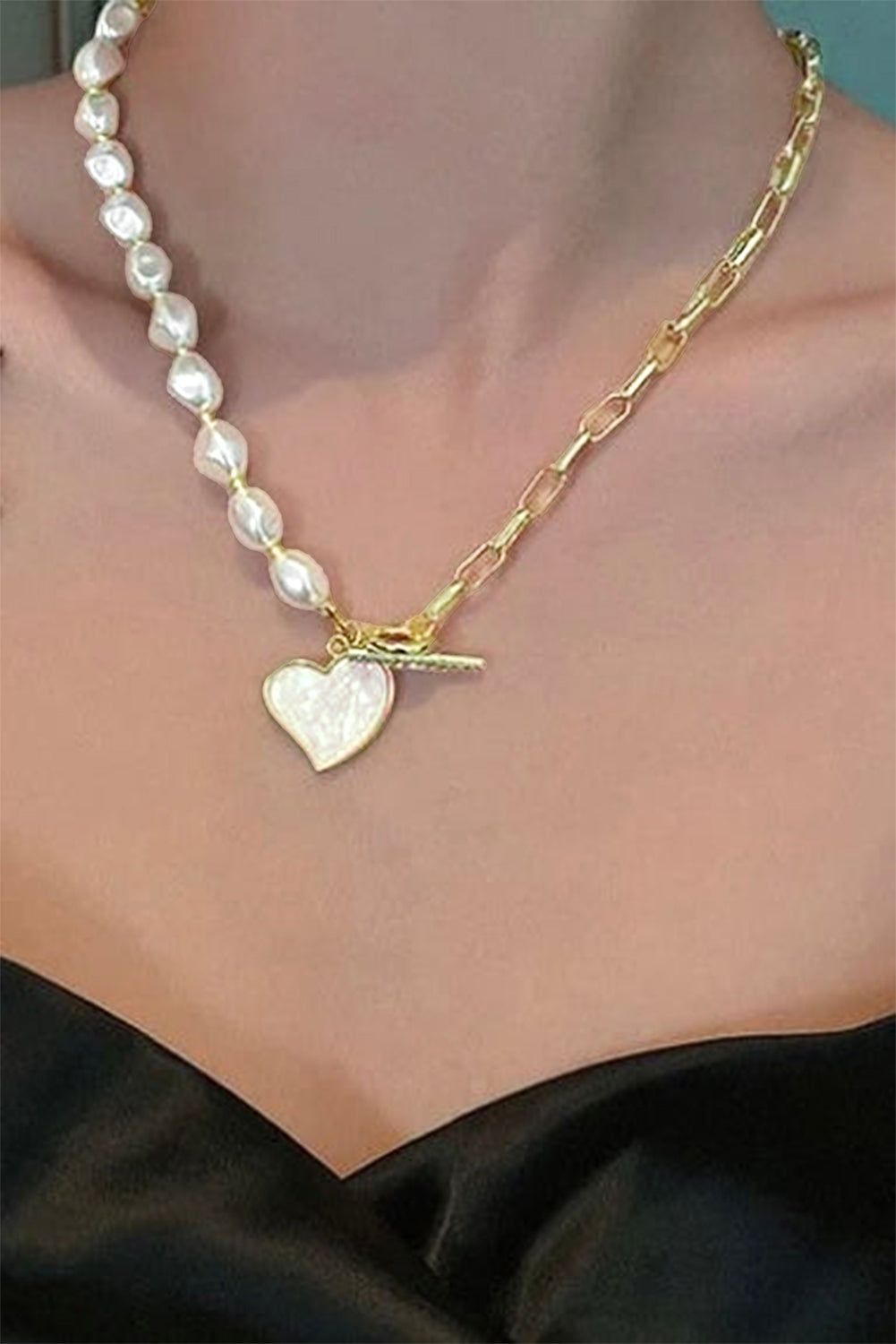 Collar de cadena de perlas de diamantes de diario infantil en forma de corazón dorado