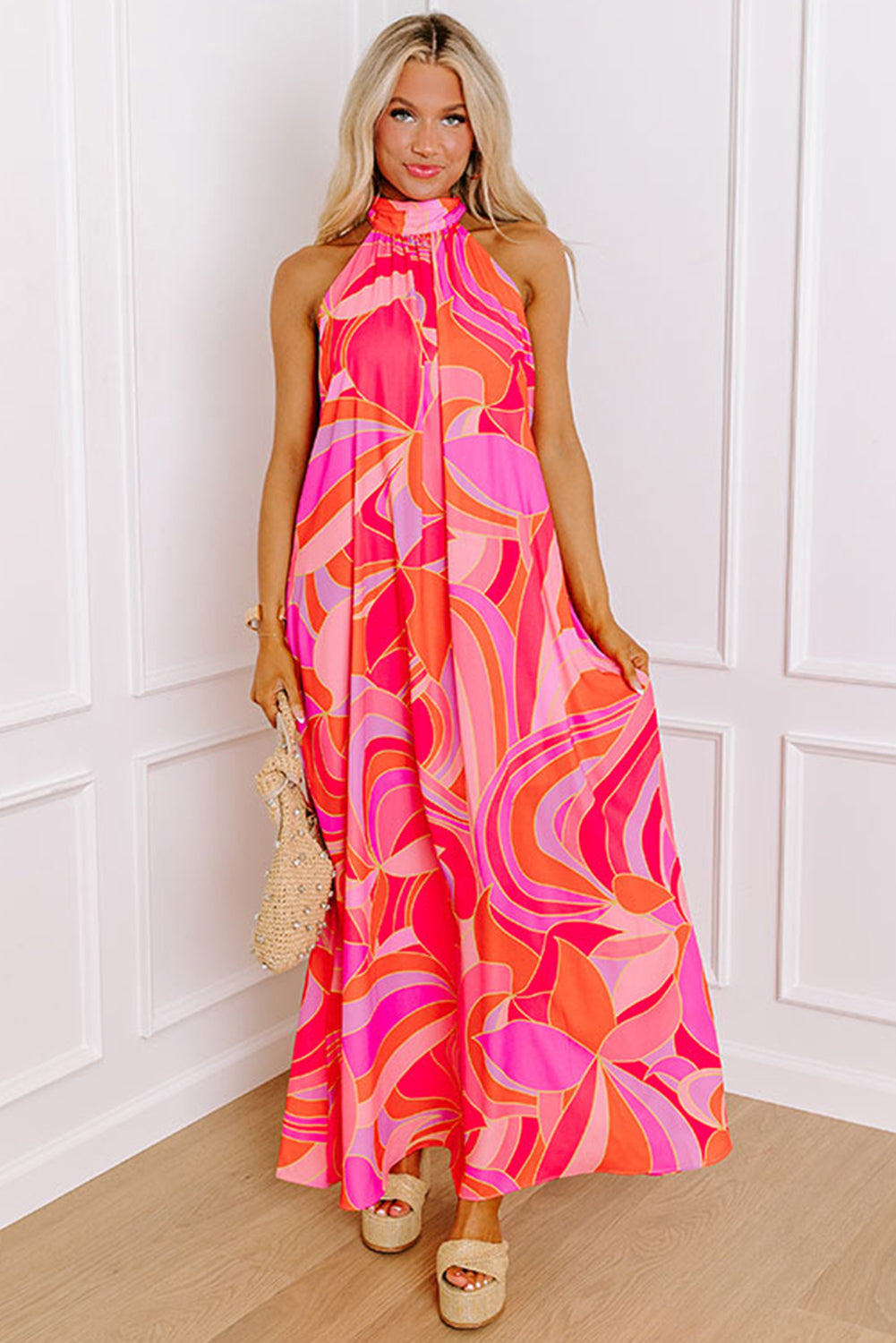 Floral High Neck Sleeveless Maxi Dress with Knotted Detail