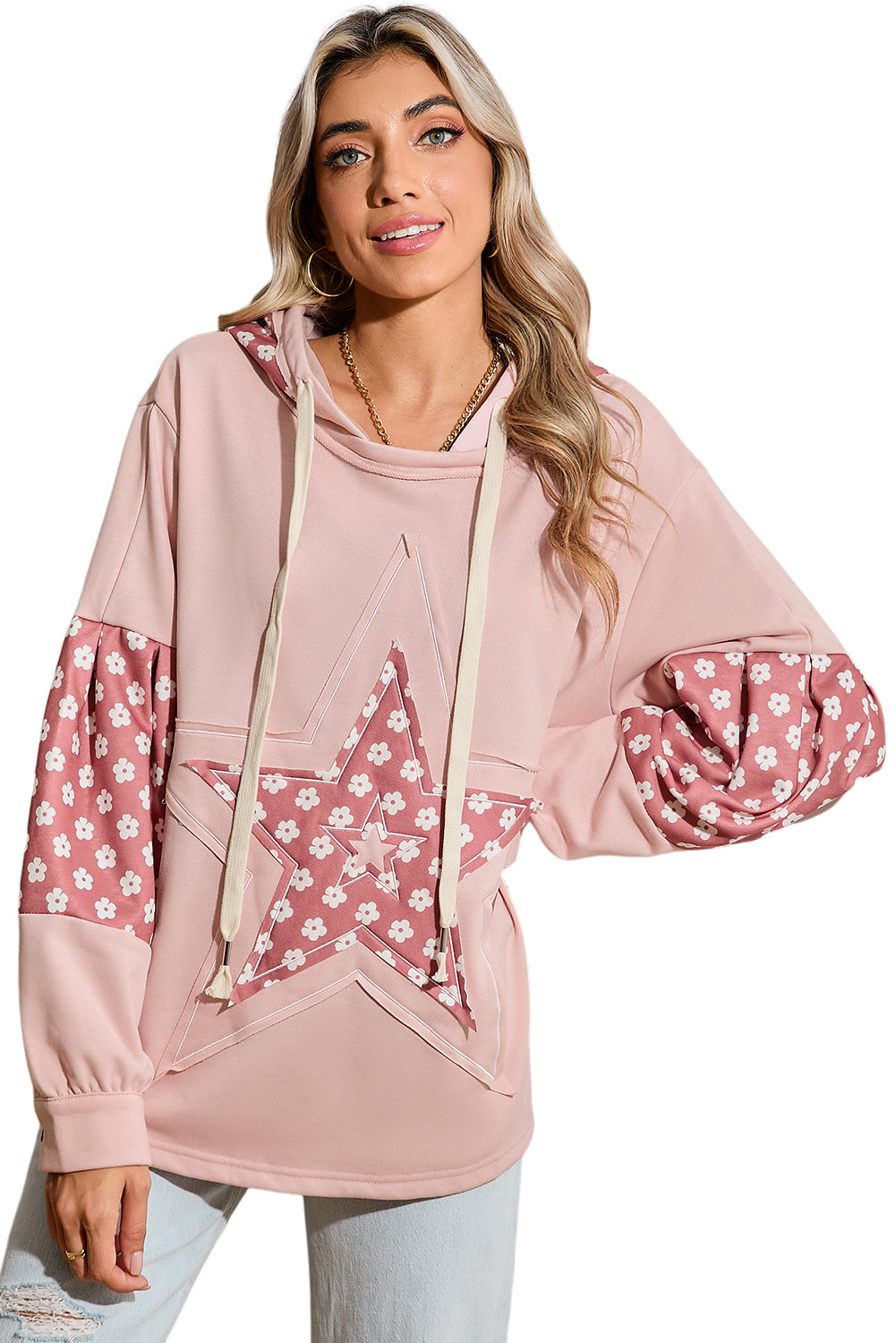 Delicacy Floral Patchwork Star Pattern Drawstring Hoodie