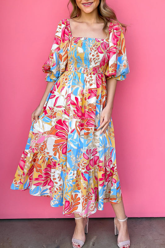 Tropical Floral Smocked Midi Dress with Puff Sleeves in Rose Red