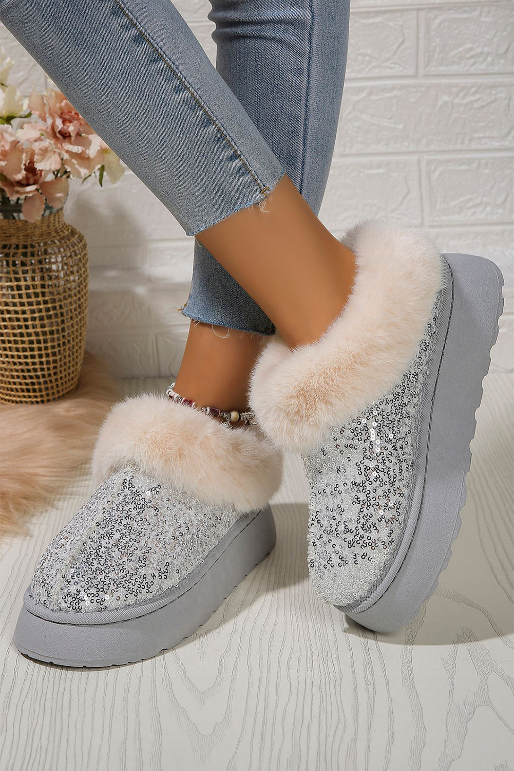 Paillettes dorées en peluche épais bottes de neige à semelle