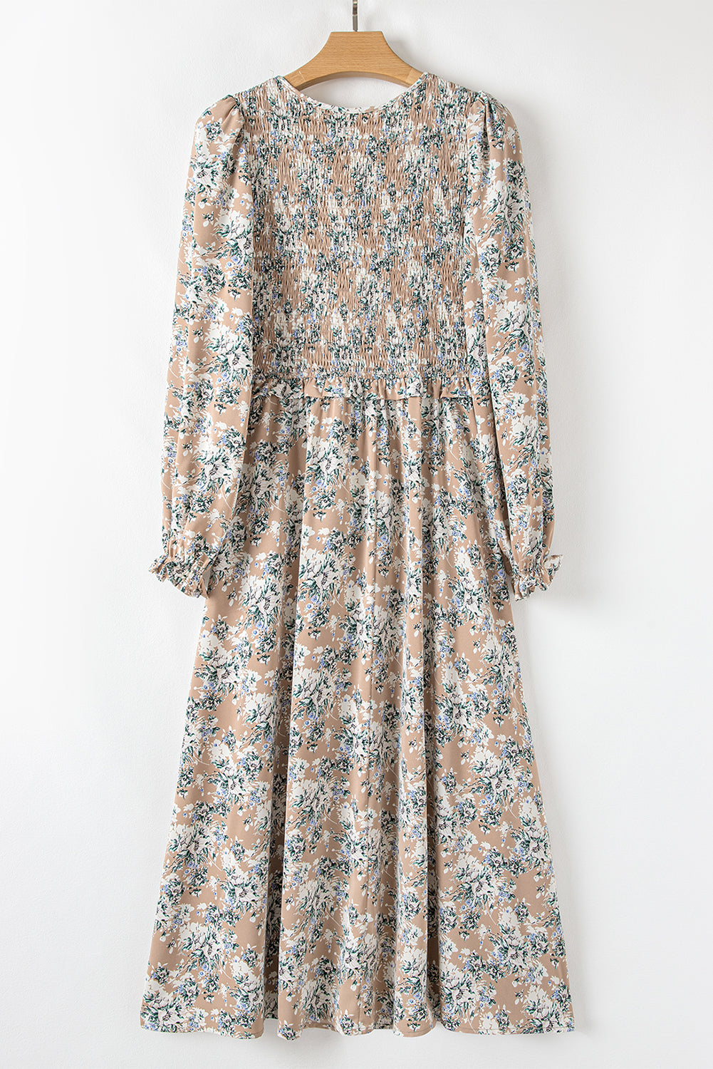 Khaki Floral Puff Sleeve Maxi Dress with Smocked Details