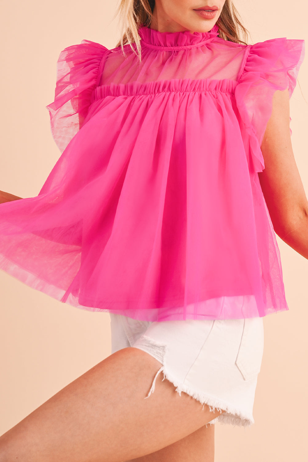 Ruffled Strawberry Pink Mesh Layered Top