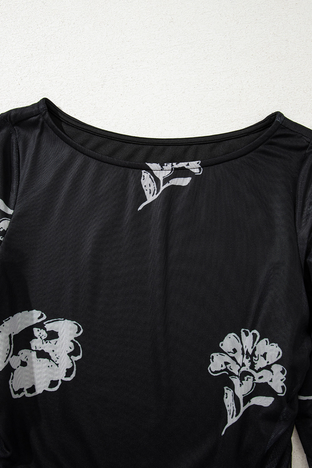 Black Floral Print Sleek Bodice Mesh Long Sleeve Top