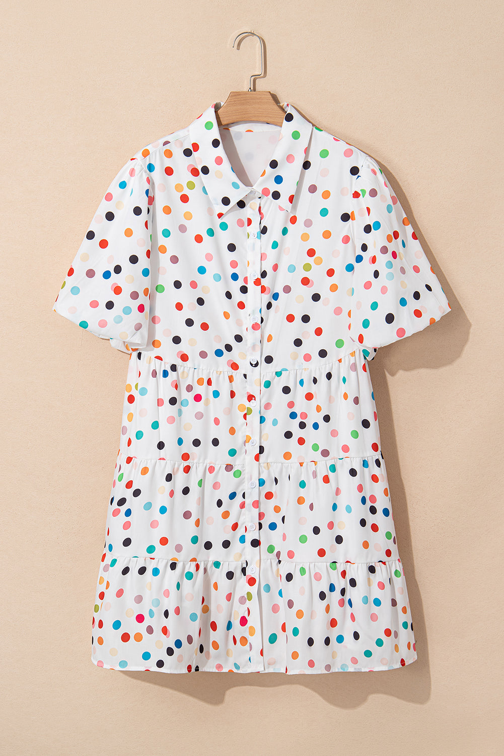 White Polka Dot Print Bubble Sleeve Plus Size Shirt Dress