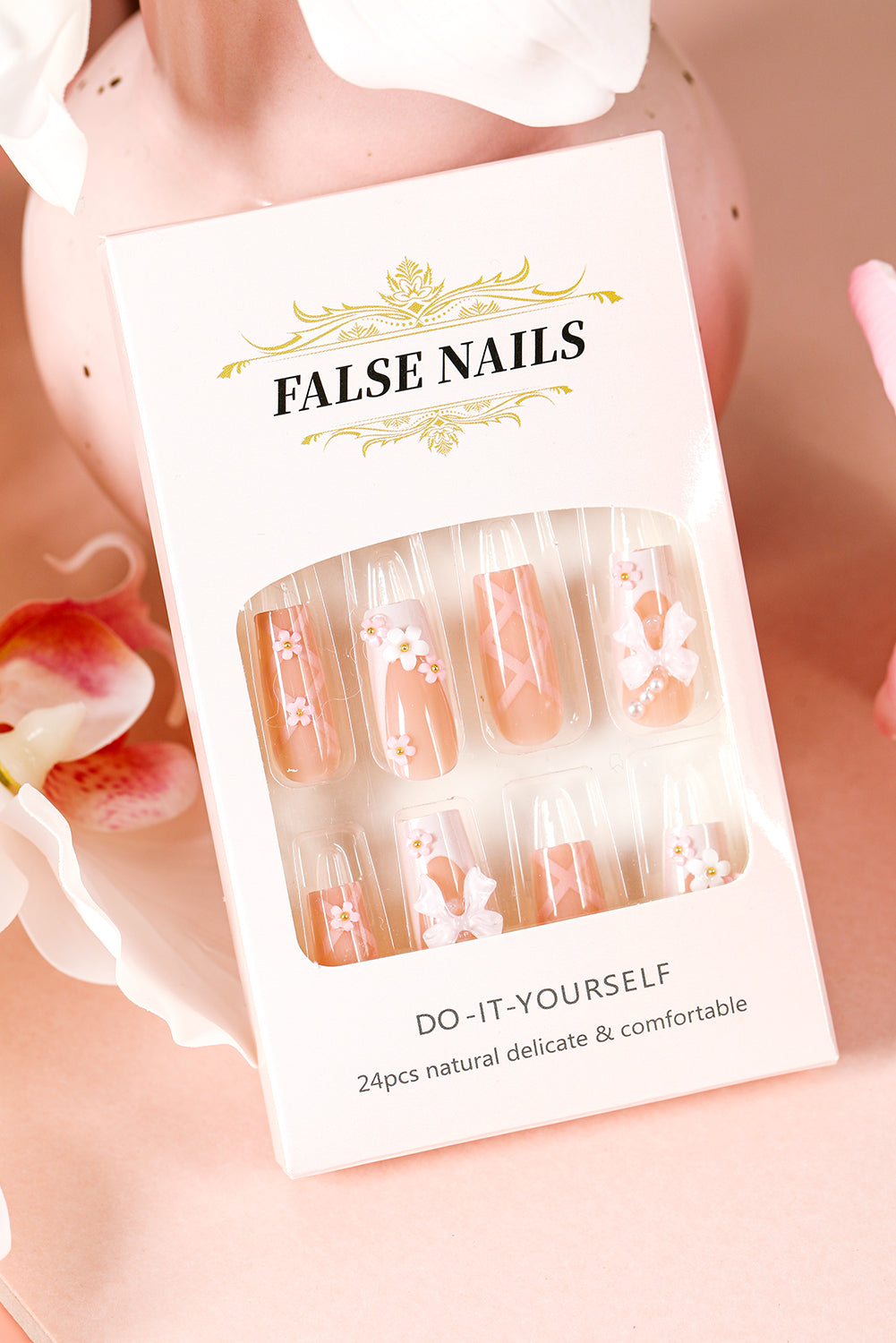 Rosa 3D-Nagelaufkleber mit Schleife und Blume für elegante Nägel