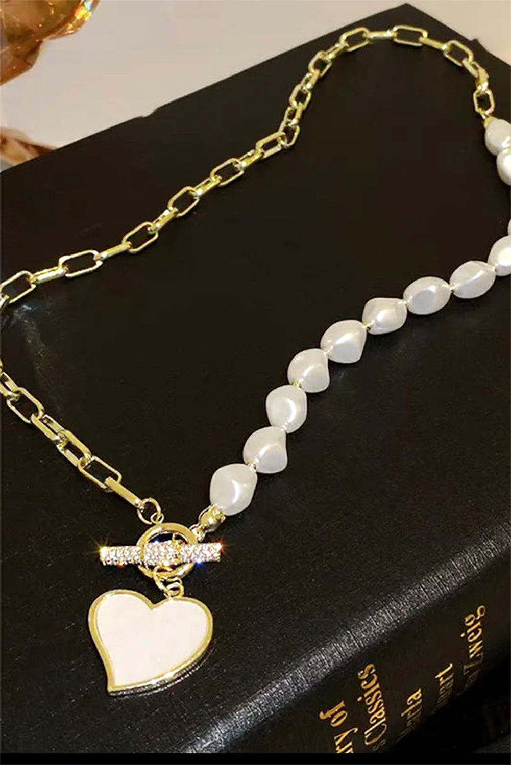 Gold Heart Shape Pendant Rhinestone Pearl Chain Necklace