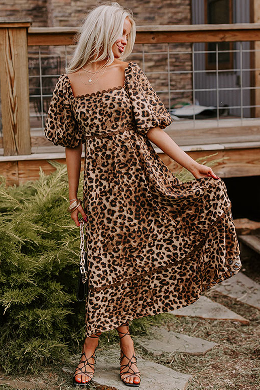 Leopard Print Maxi Dress with Puff Sleeves and Ricrac Detail