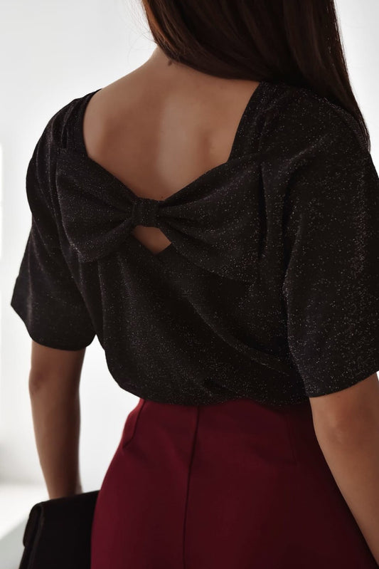 Glittering Black Bow Backless Short Sleeve Top