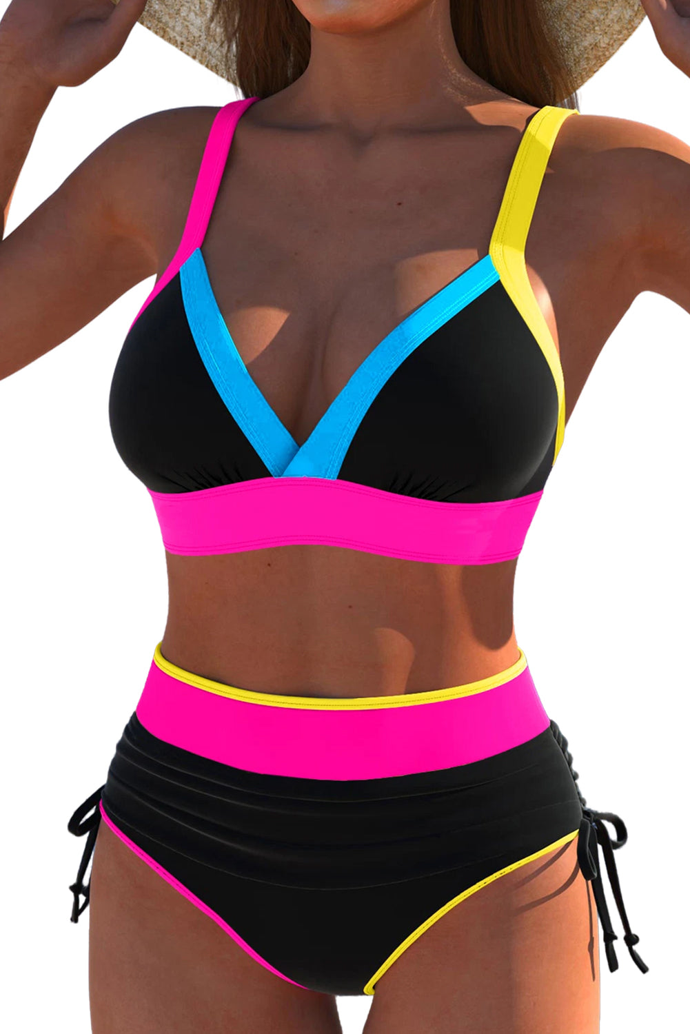 Bloque de color negro Side V Neck Bikini de cintura alta