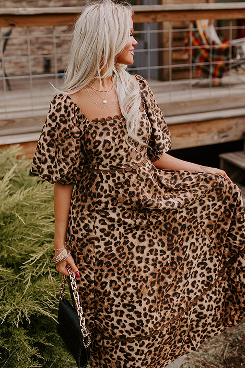 Leopard Print Maxi Dress with Puff Sleeves and Ricrac Detail