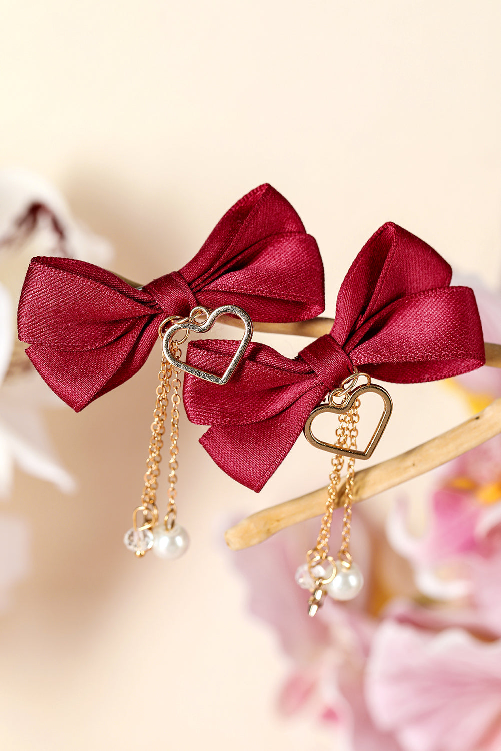 Pink Cute Heart Beaded Charm Bow Hair Clip for Girls