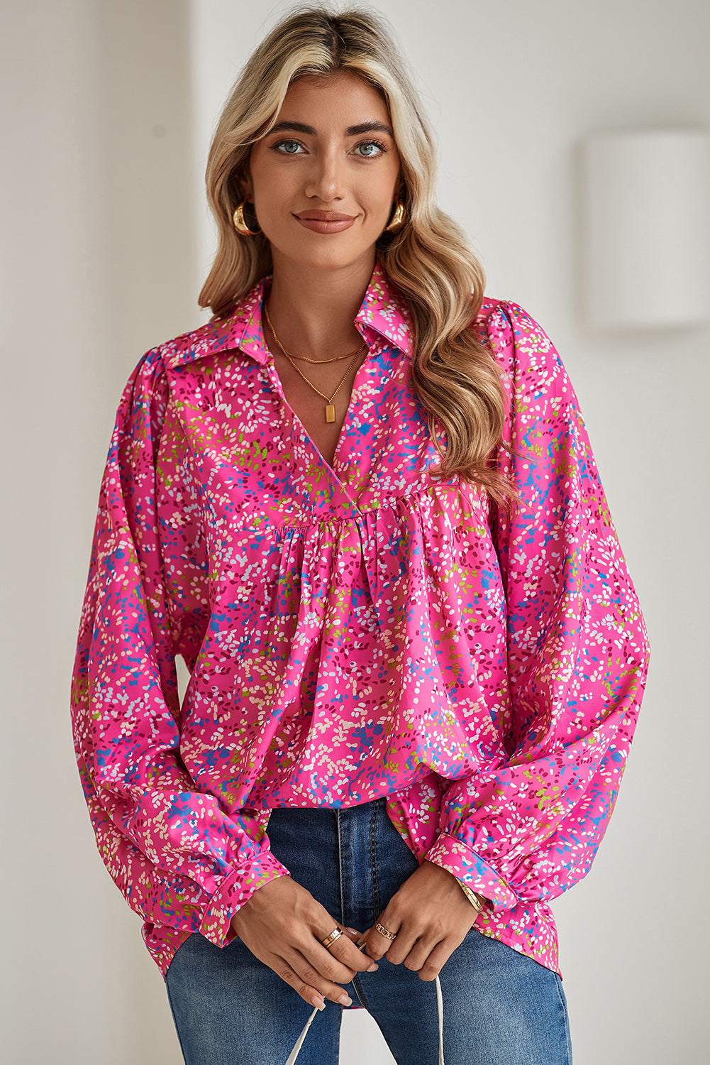 Bonbon Abstract Print Loose Fit Collared V Neck Babydoll Blouse