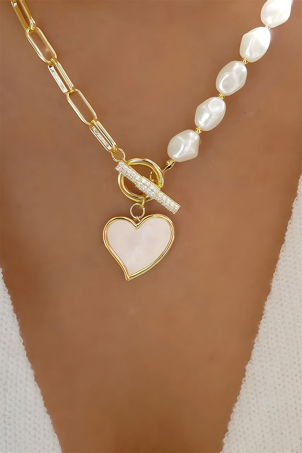 Gold Heart Shape Pendant Rhinestone Pearl Chain Necklace