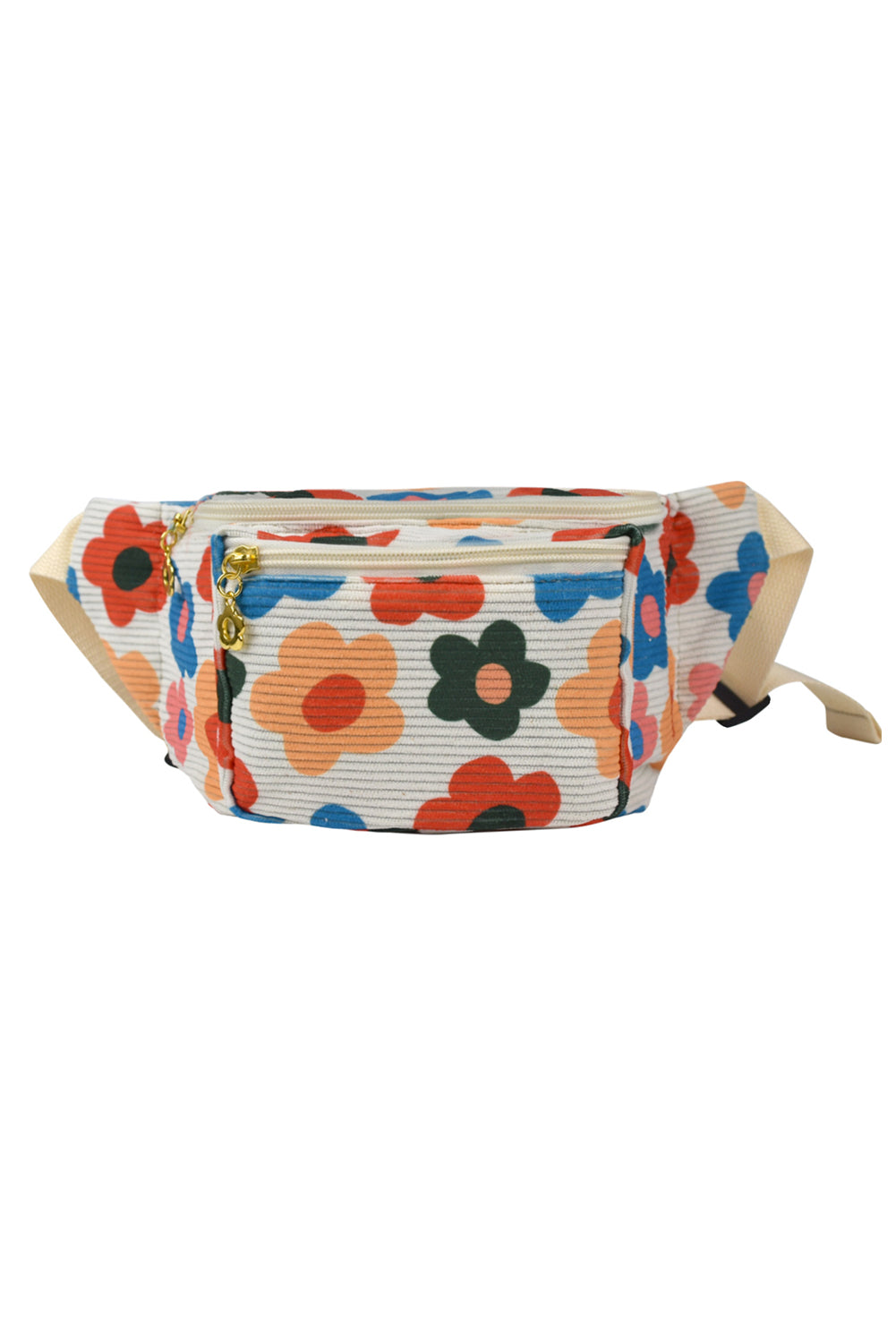 Khaki Colorful Flower Print Ribbed Waist Belt Bag