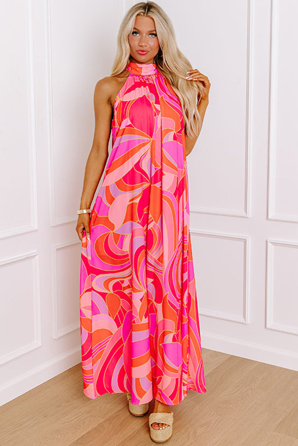 Floral High Neck Sleeveless Maxi Dress with Knotted Detail