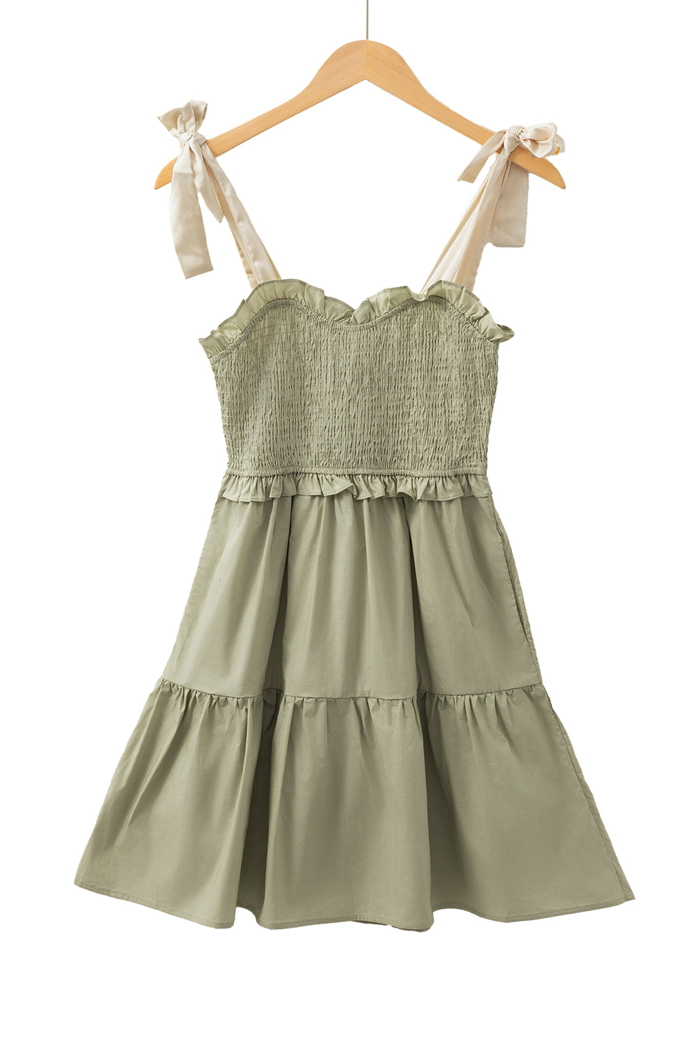 Laurel Green Tie Strap Frill Detail Smocked Mini Dress