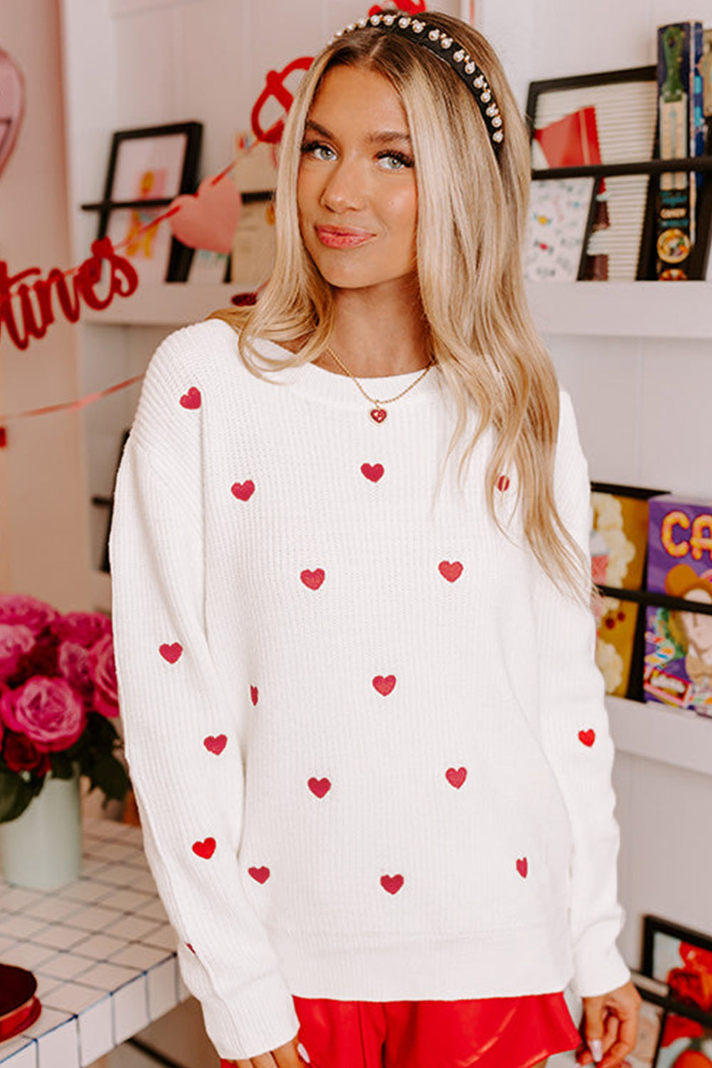 Rose Red Heart Pattern Drop Shoulder Round Neck Sweater