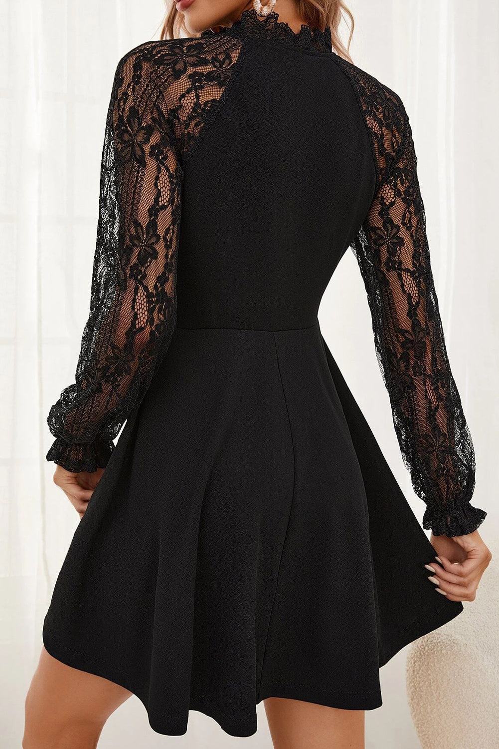 Black Lace Patchwork Long Sleeve Elegant Dress