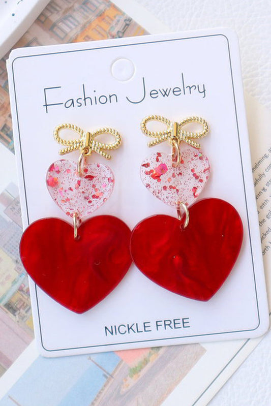 Fiery Red Heart Bowknot Valentines Earrings for Lovers