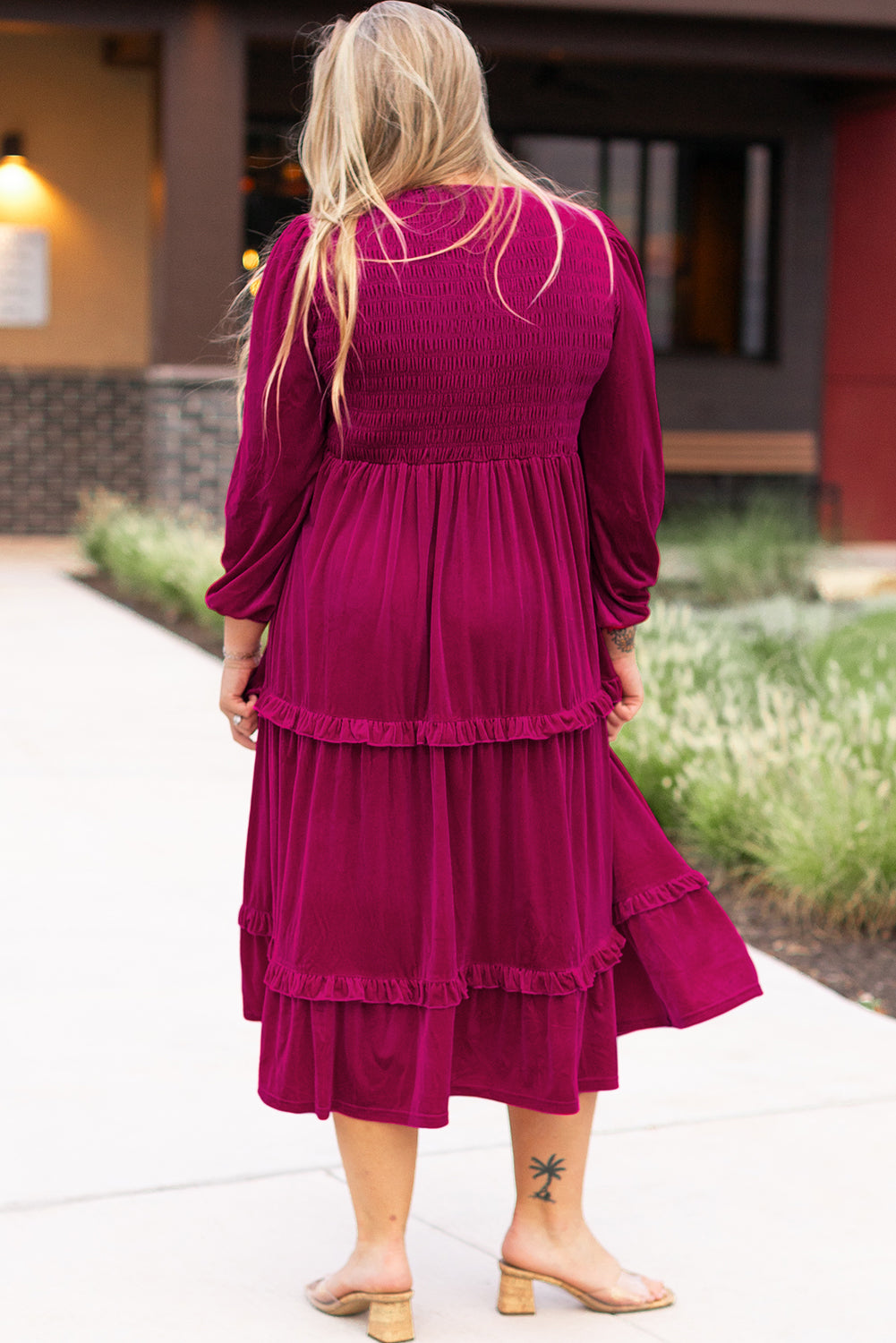 Elegant Rose Red Plus Size Velvet Maxi Dress with Smocked V Neck and Tiered Ruffles