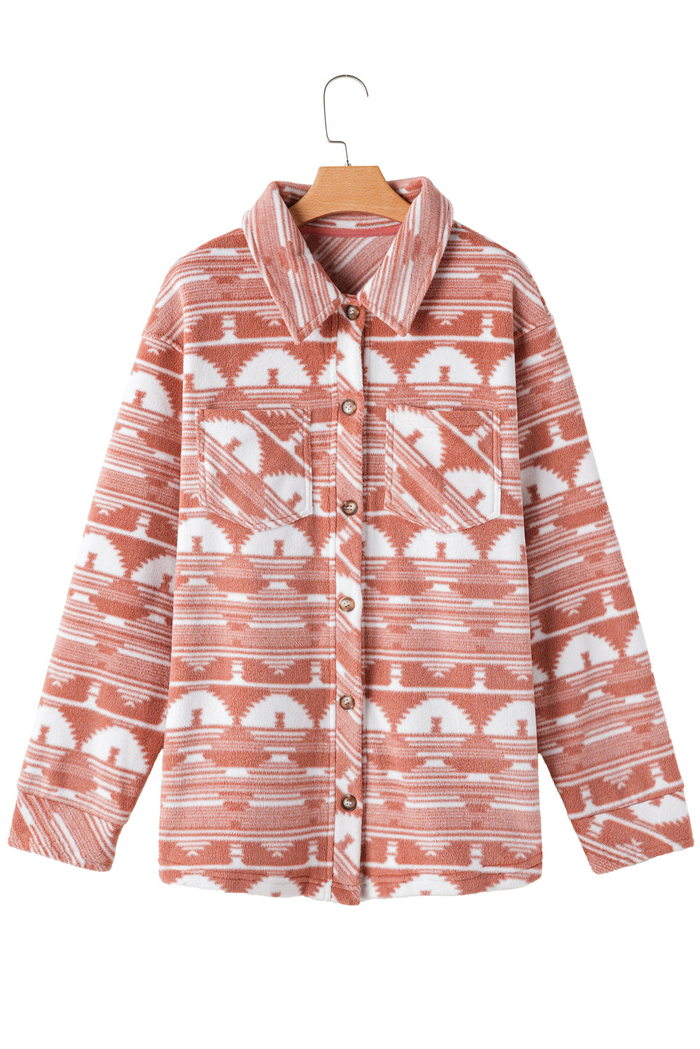 Pink Plus Size Geometric Print Chest Pocket Shacket