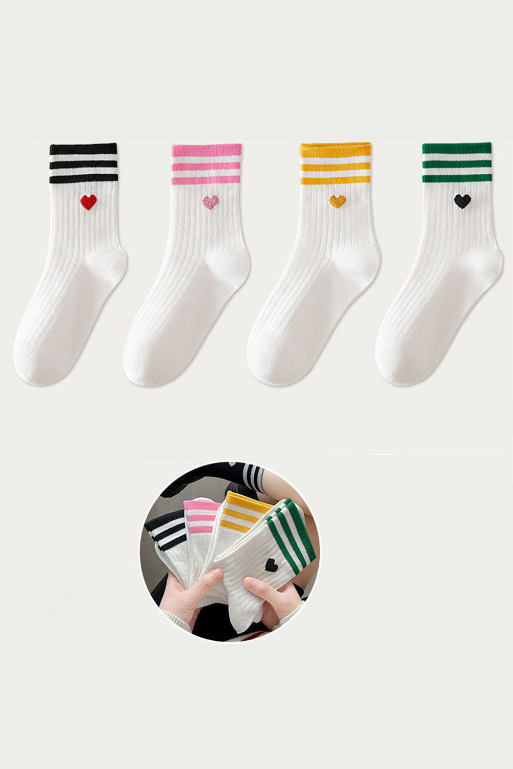 White Heart Striped Cotton Crew Socks 4pcs Set for Comfort