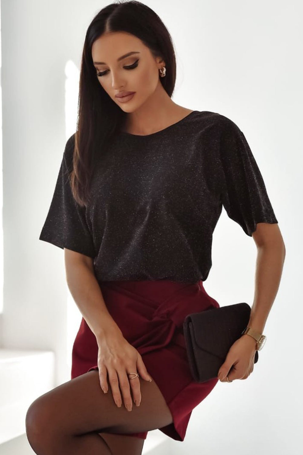 Glittering Black Bow Backless Short Sleeve Top