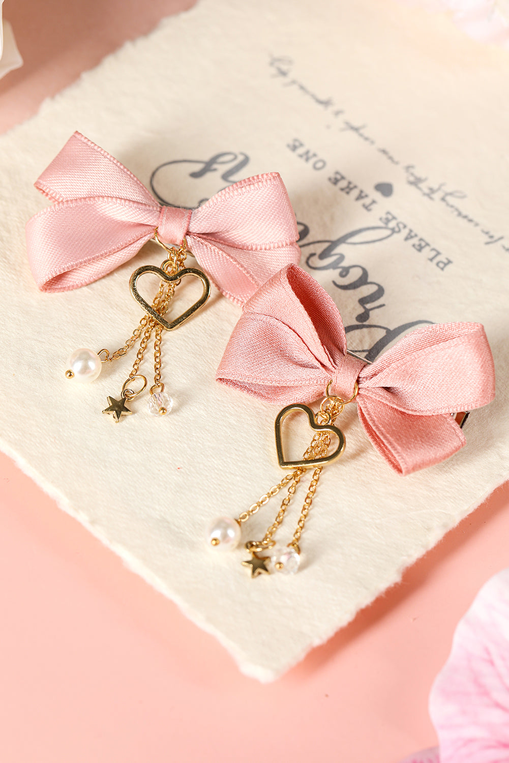 Pink Cute Heart Beaded Charm Bow Hair Clip for Girls