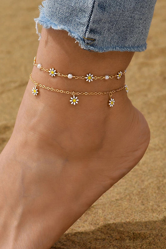 Gold Daisy & Pearl Chain Anklet for Elegant Style