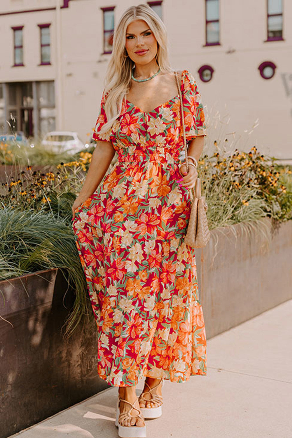 Orange de talla grande Floral V Neck Caded Winist Maxi Vestido